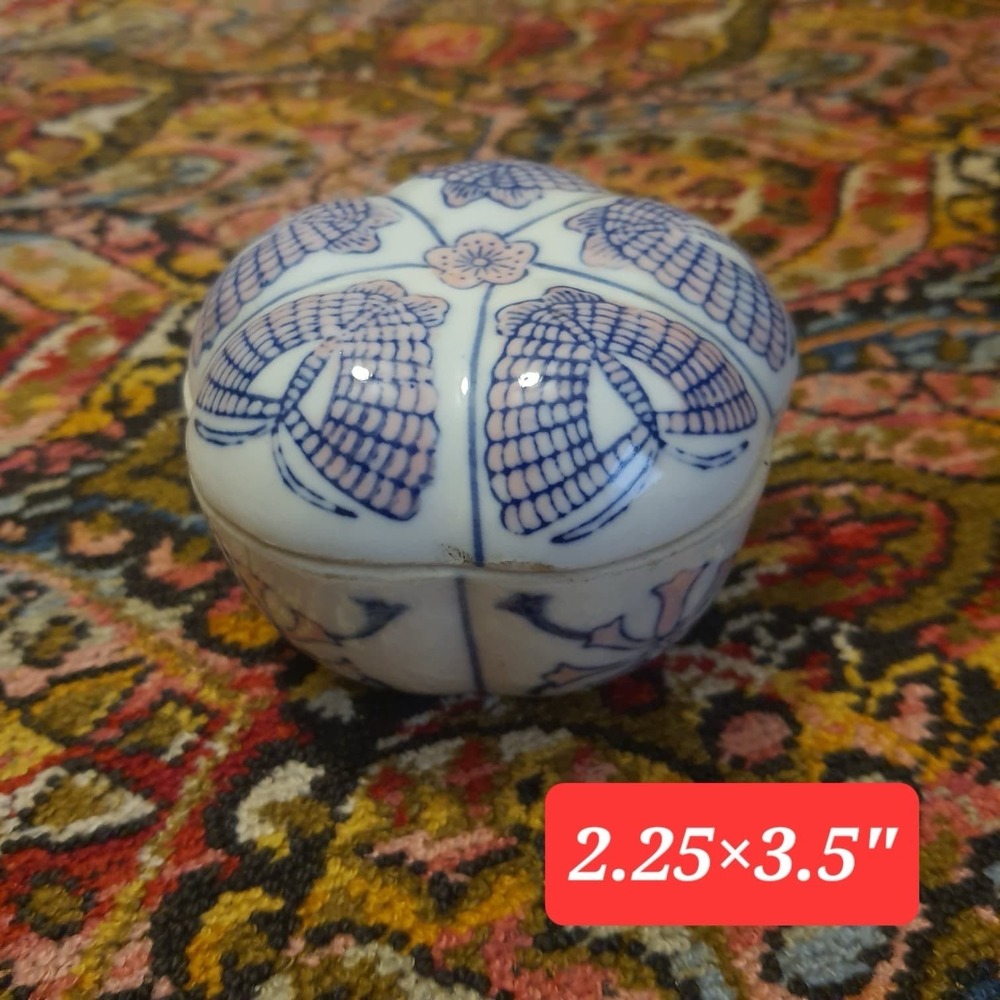 Vintage Chinese Porcelain Trinket Box – Blue & Pink Floral – Made in China 3.5"